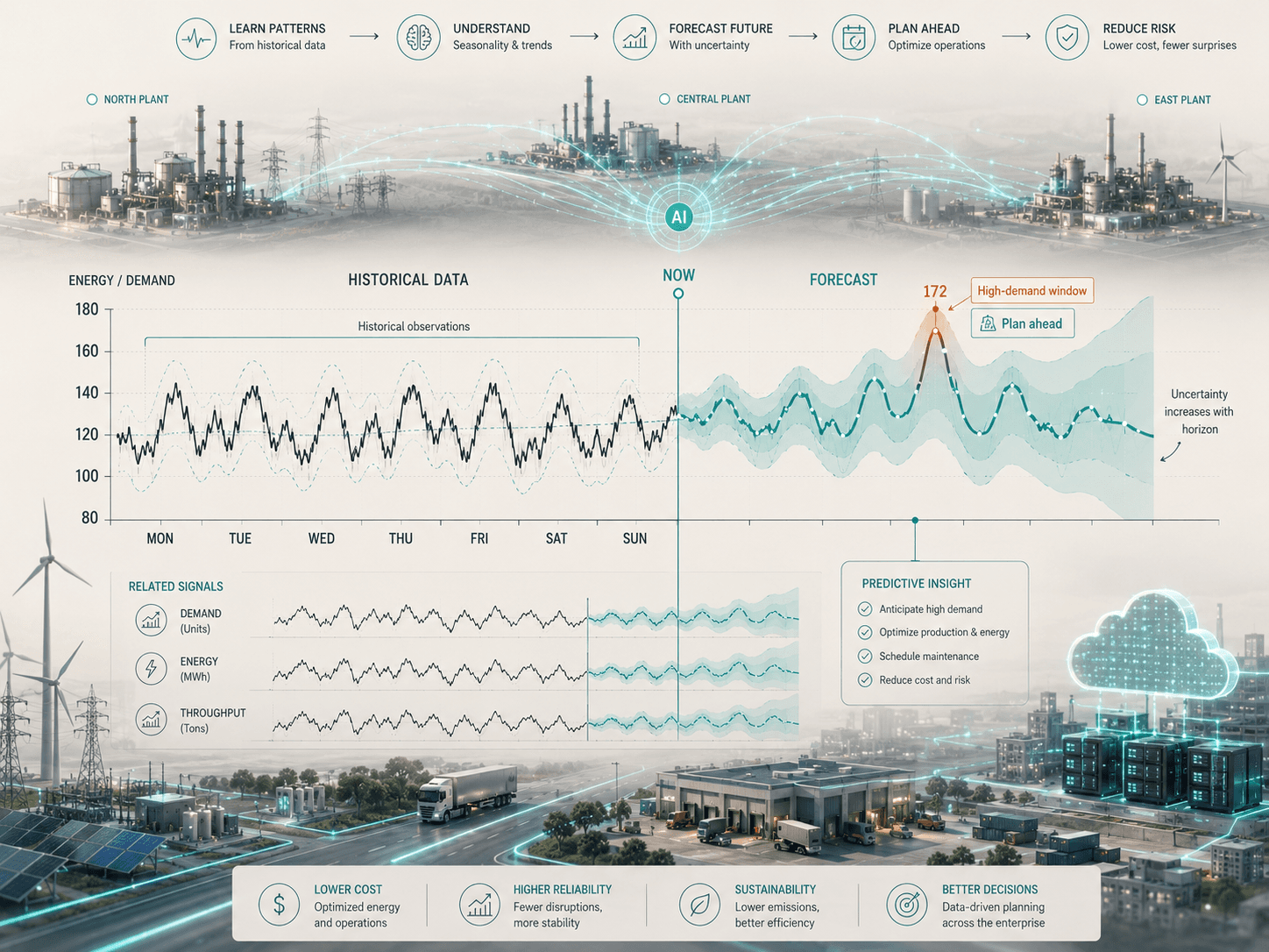 Multi-site demand and energy forecast with a widening uncertainty band beyond the present